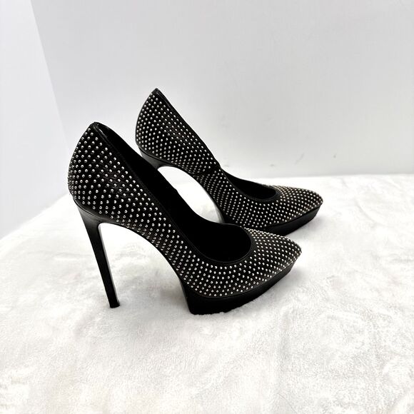 Saint Laurent YSL Studded Janis Black Leather Pumps Heels SZ 37.5 Italy - Picture 2 of 13